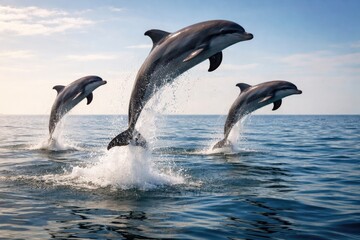 Obraz premium Energetic dolphins performing high jumps above calm water surface