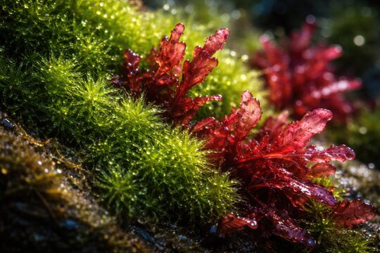 Macro shot highlighting green moss and red carrageen algae