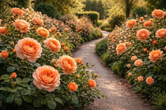 Pat Austin English rose blossom with a clear cut out walking path in garden