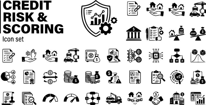 Credit Risk Scoring Icon Set Bureau Pull FICO Alt Data Underwrite LTV DTI Covenant Default Recovery Provision Credit Underwriting Finance Vector Illustration