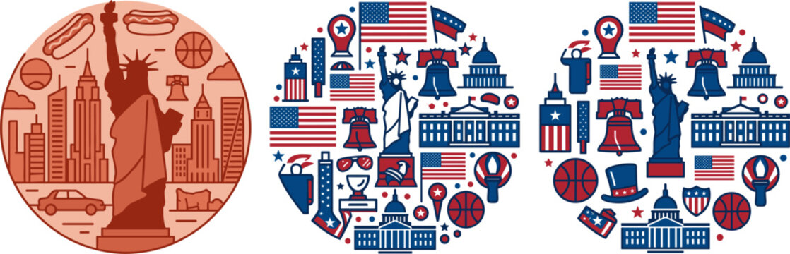 Colorful USA American Patriotic Circle Badge Collection Set with Statue of Liberty Flag Landmarks and Icons for Travel and Independence Design