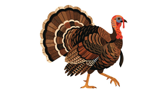 A detailed side-profile illustration of a wild turkey with intricate brown plumage and a bright red wattle walks across a plain white studio background.