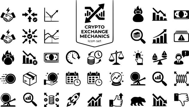 Crypto Exchange Mechanics Icon Set Order Match Liquidation Funding Rate Open Interest Margin Call Spot Futures Leverage Long Short CEX DEX Trading Vector Illustration