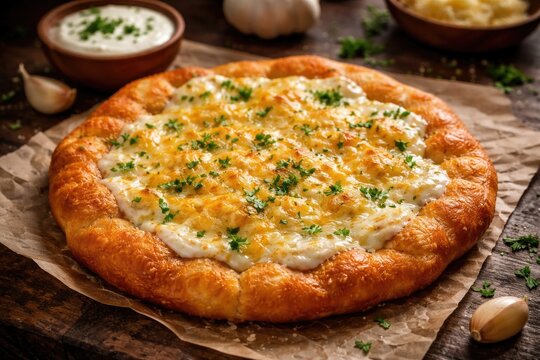 Golden langos flatbread topped with garlic cream sauce and melted cheese