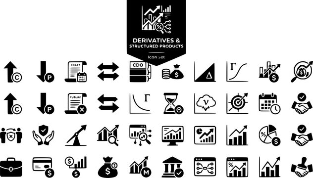 Derivatives Structured Products Icon Set Call Put Futures Swap CDO Delta Gamma Theta Vega Strike Expiry Settle Options Greeks Finance Vector Illustration