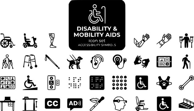 Disability Mobility Aids Icon Set Wheelchair Prosthetic White Cane Hearing Aid AAC Service Dog Ramp Elevator Braille Accessibility Inclusion Vector Illustration
