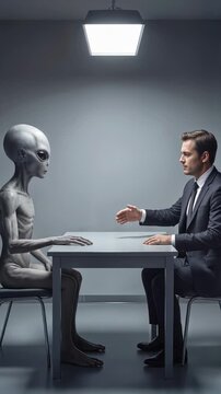 Diplomatic handshake between businessman and grey alien in sterile interrogation room. Conceptual encounter between human and extraterrestrial. Lockdown wide shot.