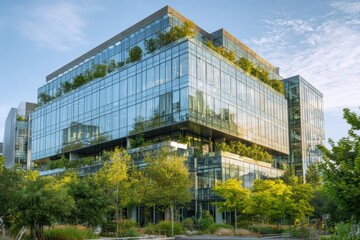 Obraz premium Eco friendly corporate headquarters with transparent glass facade and surrounding greenery modern sustainable architecture supporting climate action ESG strategy and responsible business growth.