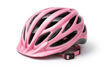 Fototapeta premium Pink protective bicycle helmet set on white studio background