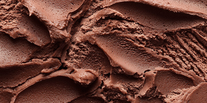Close up top view of chocolate ice cream gelato mousse pudding texture