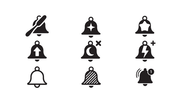 Group of bell icons featuring various symbols for application user interface design elements.