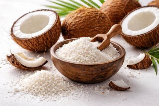 coconut shells and dry coconut powder on a bright white background