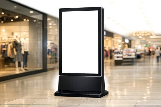 A vacant display stand inside a shopping mall corridor with reflective floor tiles and illuminated storefronts in the background.