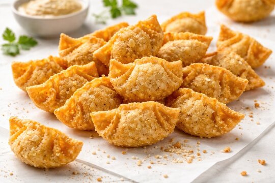 White plain surface with crispy dumpling shaped cracker snacks