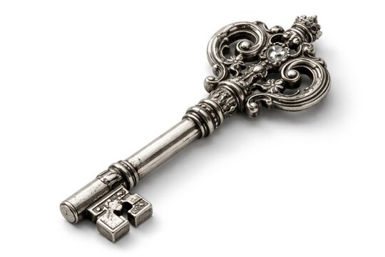 Vintage silver skeleton key featuring fine detailed designs on a bright white background for historical displays