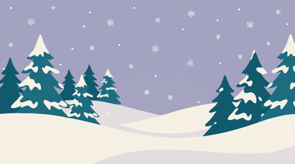 Fototapeta premium Peaceful winter landscape illustration with snowy trees and falling snowflakes