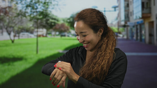 Woman checking wristwatch and pumping fist in celebration on a city street beside a grassy park while smiling broadly; punctuality success joy.