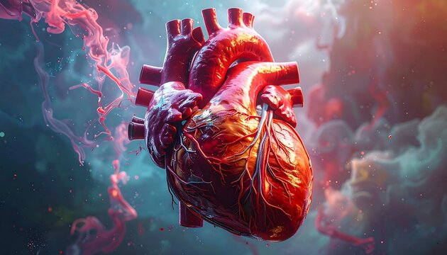 Red heart floating in a nebulous space, emitting red smoke tendrils. Background is blue, white, and red with dreamlike qualities