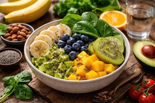 Healthy breakfast bowl with potassium rich vegetables fruits and green leafy ingredients captured in high resolution