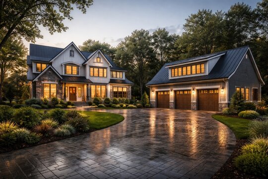 Detached dwelling including a distinct outbuilding for vehicle storage