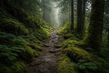 Fototapeta premium Quiet mountain trail enveloped by dense greenery and soft moss