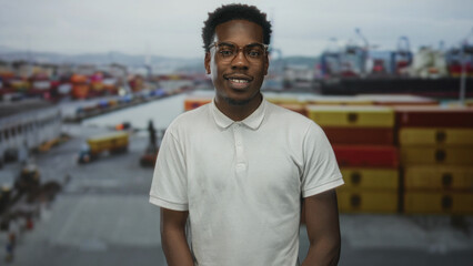 African american man stands with glasses and face forward in front of shipping containers on street  serenity. © Krakenimages.com