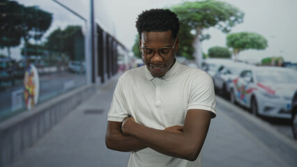Fototapeta premium Young african american man wearing glasses with crossed arms and bare arms on city street; defiance.
