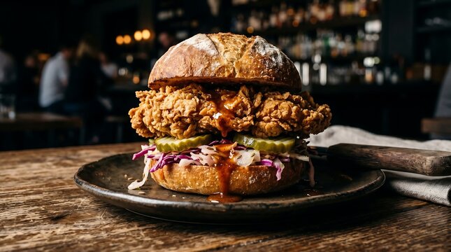 Artisan Crispy Chicken Burger with Purple Cabbage Slaw and Hot Sauce Vector