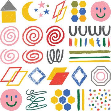 Adobe IllustratCrayon drawn geometric shapes set. Doodle lines and basic primitive figures. Colorful pencil or chalk drawn naive Swiss design aesthetic.or Artwork