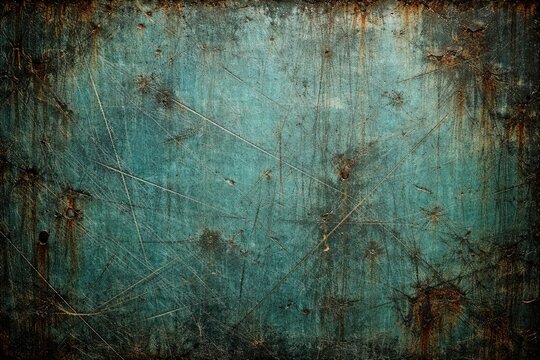 scratched turquoise metal panel backdrop with distressed finish