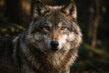 Fototapeta premium Regal grey wolf of Europe showing sharp animal awareness and detailed head view