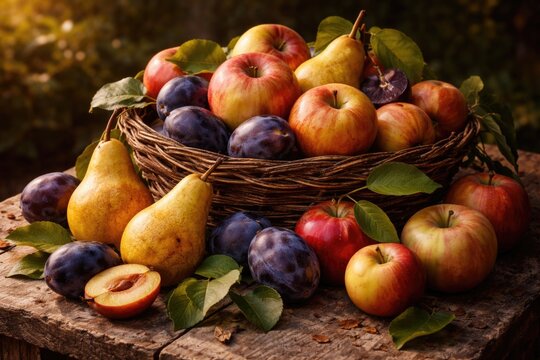 Artistic portrayal of late summer apples pears and plums highlighting natural colors and forms