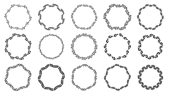 Collection of black leafy wreaths in varying circular shapes on white background for decorative design.
