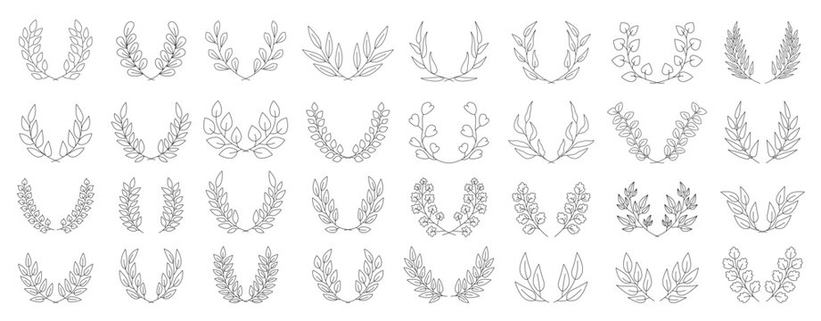 a set of simple line art laurel wreaths for decoration. laurel leaf frame silhouettes, for classic logos, university emblems, and vintage wedding invitations Vector illustration