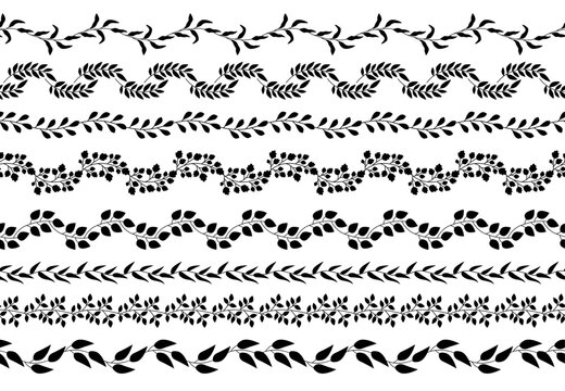 Set of black botanical border patterns varying leafy vines, laurel motifs and floral clusters. Vector illustration