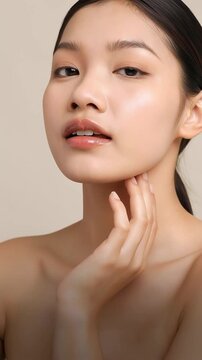 Cosmetics Skin Care Concept Video of Close-up Woman Perfect Face with Hydrated Skin. Vertical