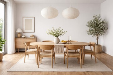 Fototapeta premium Scandinavian style dining room with wooden flooring and minimalist white wall mockup