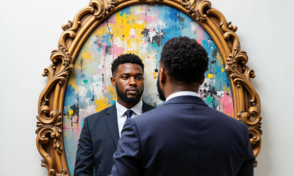 Reflection businessman mirror standing before an ornate frame viewing a vibrant abstract artistic world for self discovery