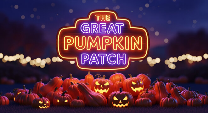 Neon pumpkin patch sign with glowing jack-o-lanterns at night