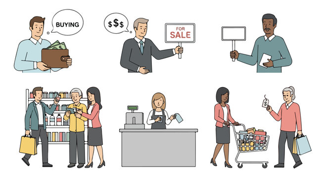Retail shopping vector collection, diverse people buying groceries and selling products, commercial consumerism set with 6 character scenes