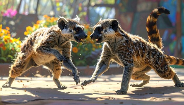 Playful Ring Tailed Lemurs Facing Each Other on Sunlit Garden Path