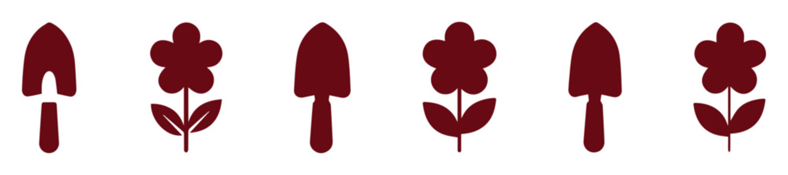 Minimalist gardening icons set, dark red flower and trowel silhouettes, flat vector garden tools and botanical elements for landscaping design