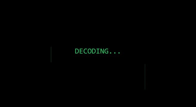 Digital decoding text animation with glitch effects on black animation