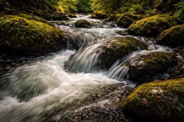 Obraz premium Speedy water flow swirling around mossy stones in a forest river