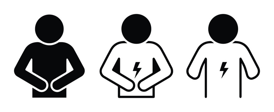 Stomach ache icon set, abdominal pain vector symbols, person holding belly with lightning bolt for indigestion and medical healthcare infographics