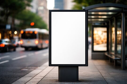 Zoomed in image of a small upright signpost displaying a clean advertising board with out of focus traffic flow and bus shelter in the background