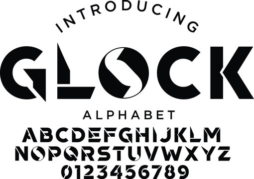 Glock alphabet typeface illustration collection, bold geometric font artwork, modern lettering design composition, angular graphic typography, artistic display vector set