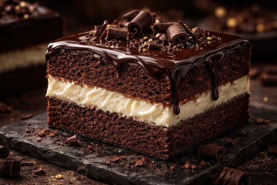 Tempting square cake topped with glossy chocolate and filled with creamy white center