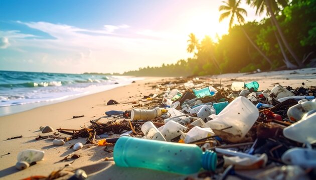 Polluted sandy beach littered with plastics; palm trees, ocean waves, & bright sunlight on horizon