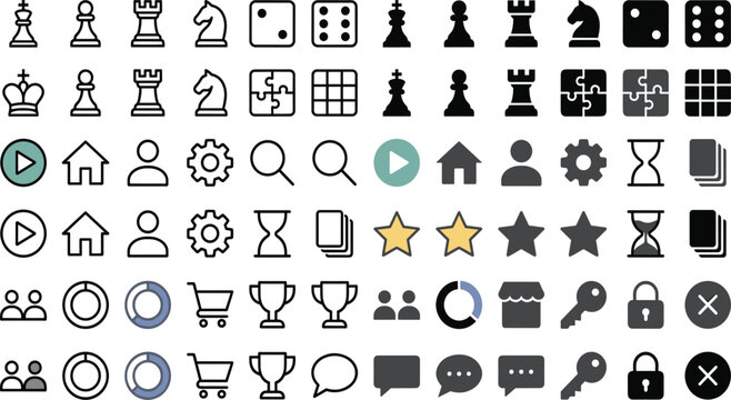 Icons for Game, Puzzle, and Social Platforms Featuring Chess, Dice, Stars, Shopping Cart, and Communication Tools